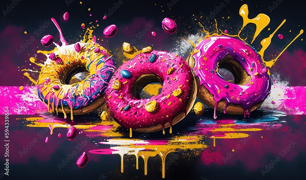  three donuts with sprinkles and paint on a black background with a pink and yellow stripe in the mi