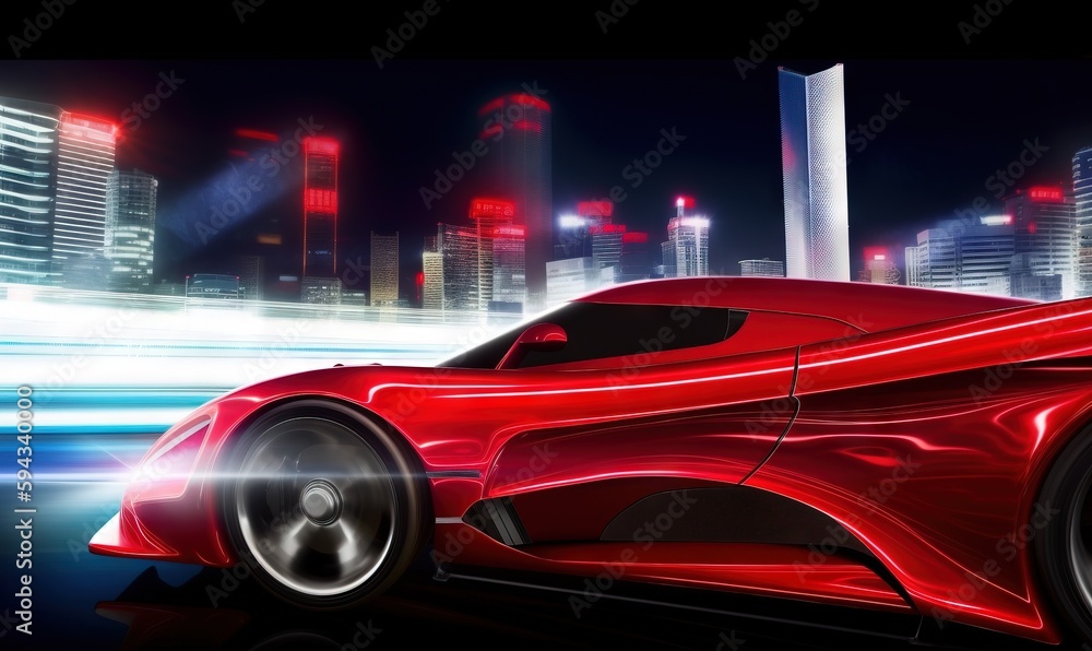  a red sports car driving down a city street at night with a city skyline in the background and a br