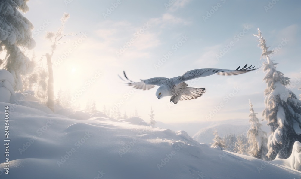  a white bird flying over a snow covered forest filled with trees and snow covered ground with sun s