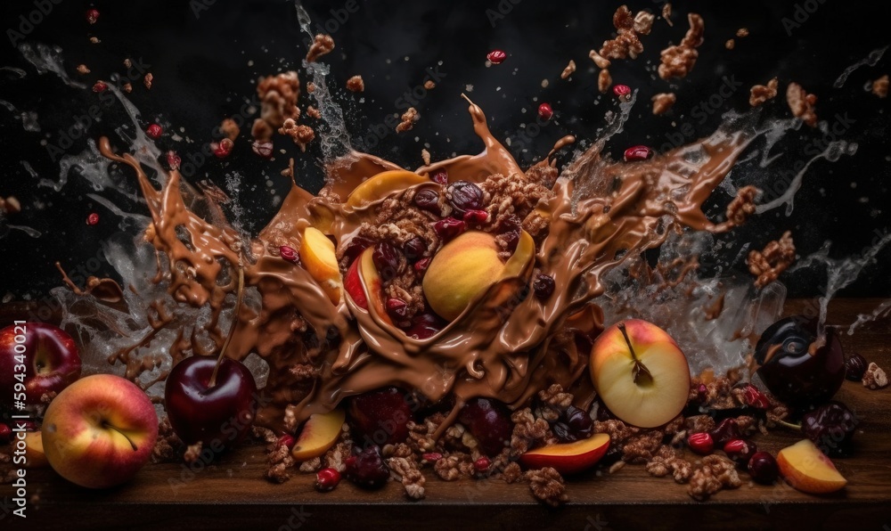  a pile of fruit and cereal falling into a pile of milk and apples with splashes of chocolate on top