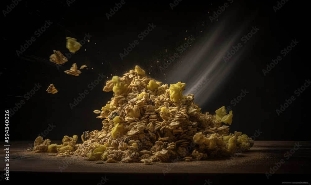  a pile of food that is falling into the air with a butterfly flying above it in the air above it is