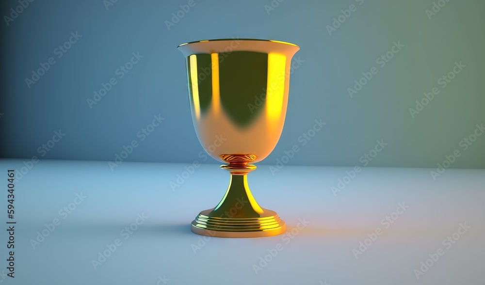  a golden cup sitting on top of a white table next to a blue wall and a blue wall behind it is a blu