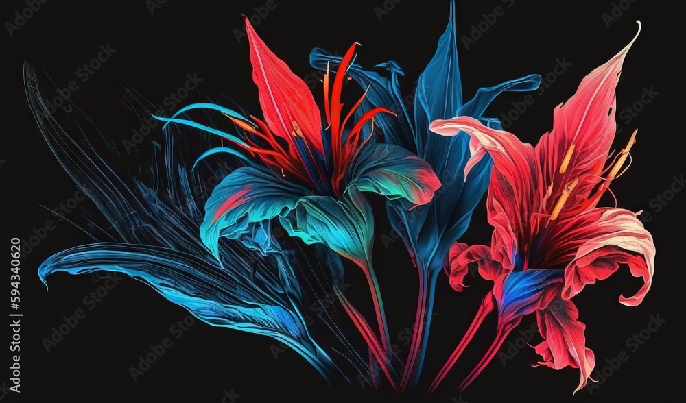  a painting of flowers on a black background with red, blue, and green petals and leaves in the cent