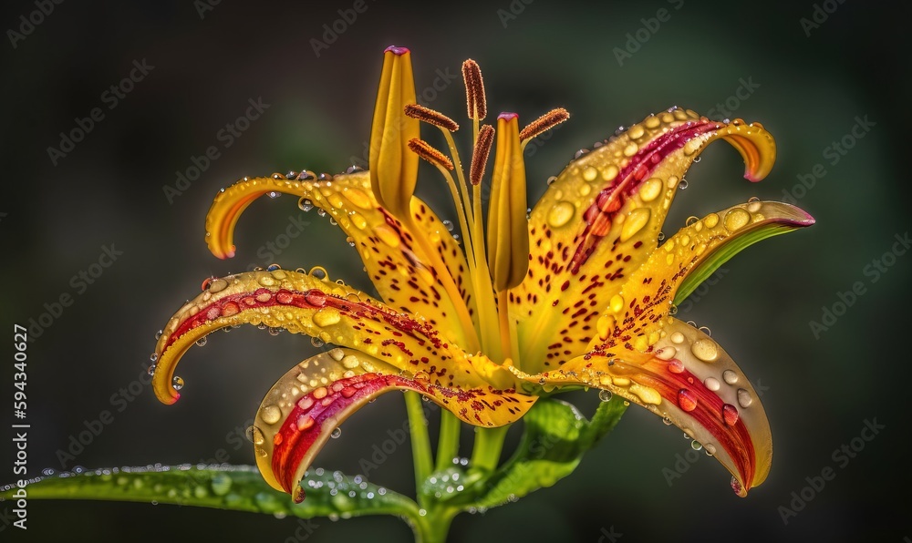  a yellow and red flower with water droplets on its petals and leaves with a black background with 