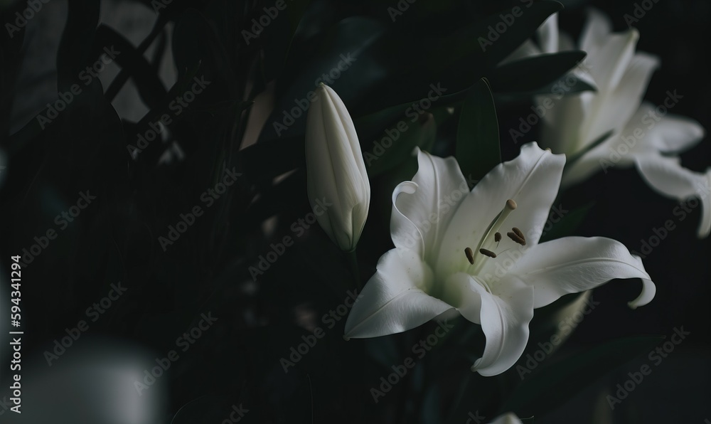  a bunch of white flowers with green leaves in a vase on a table in a dark room with only one flower