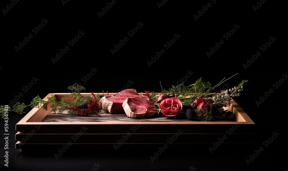  a wooden tray with meat and vegetables on it on a black surface with a black background and a black