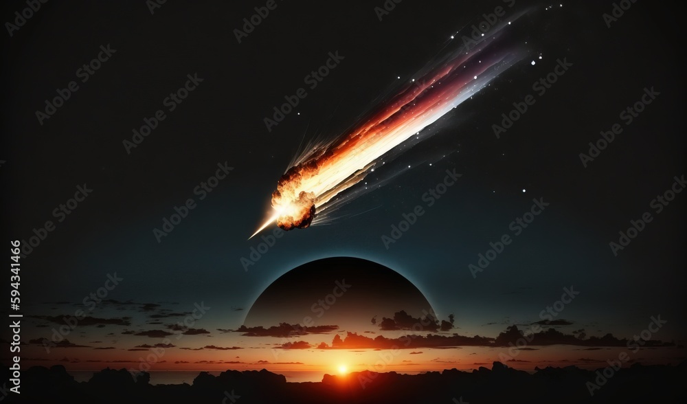  a large object flying through the air over a sunset and a distant object in the sky with stars and 