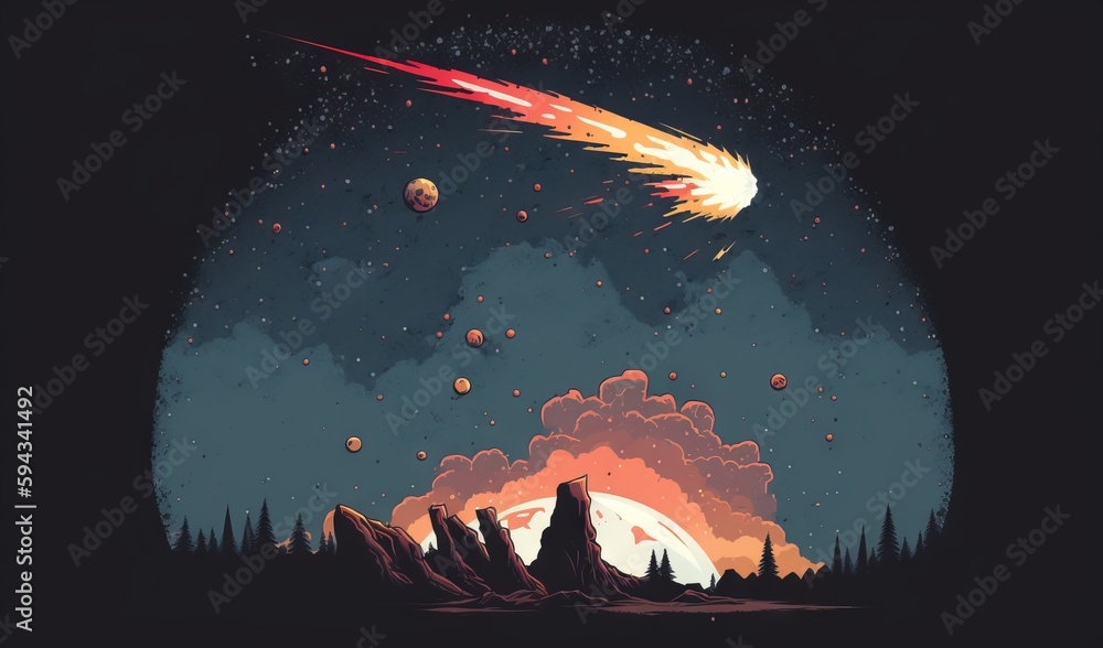  a painting of a space scene with a rocket and planets in the sky above a mountain range with trees 