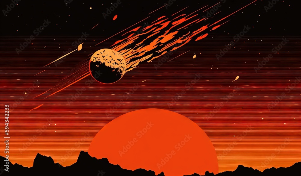  an image of a space scene with an orange sun and a black and red background with a space shuttle fl