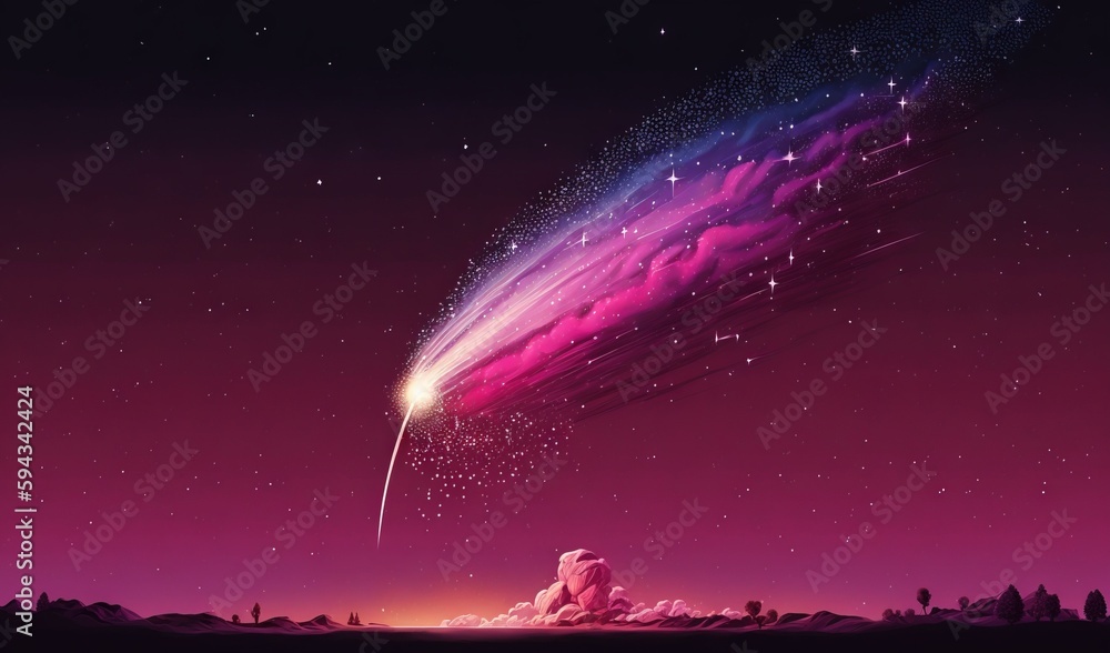  a pink and purple sky with stars and a shooting star in the sky above a mountain range with a pink 