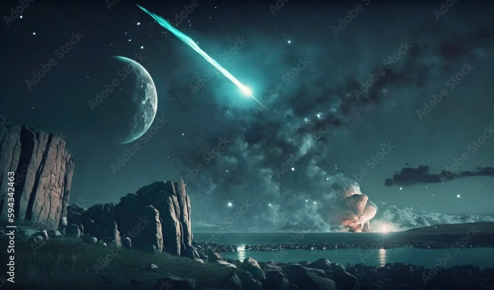  an artists rendering of a space scene with a rocket and a distant object in the sky above a rocky 