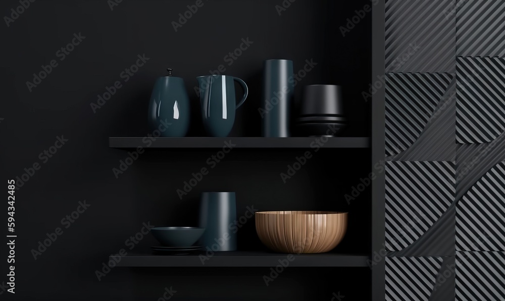  a black shelf with vases and bowls on it in a room with a black wall and a black wall with a geomet