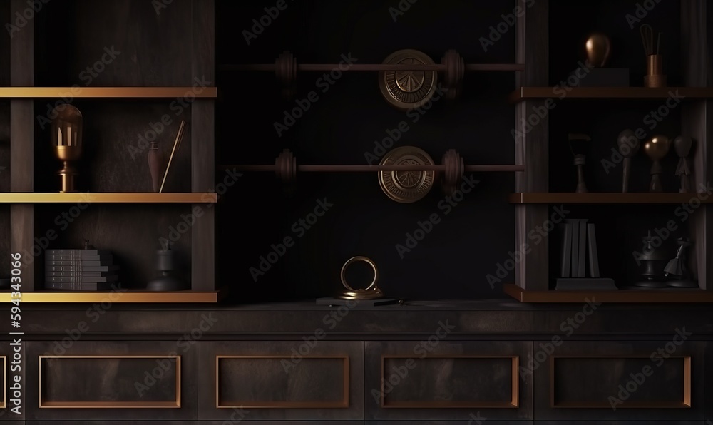  a room with a book shelf and a gold ring on the shelf next to the bookshelf with books and other it