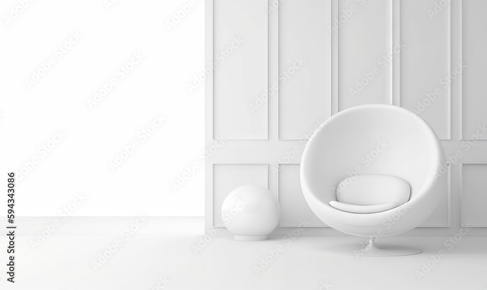  a white chair sitting next to a white ball on a white floor in a room with white walls and a white 