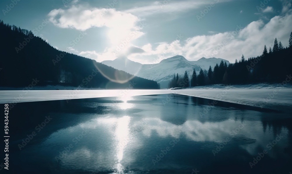  the sun shines brightly over a mountain lake in the snow with a mountain range in the background an