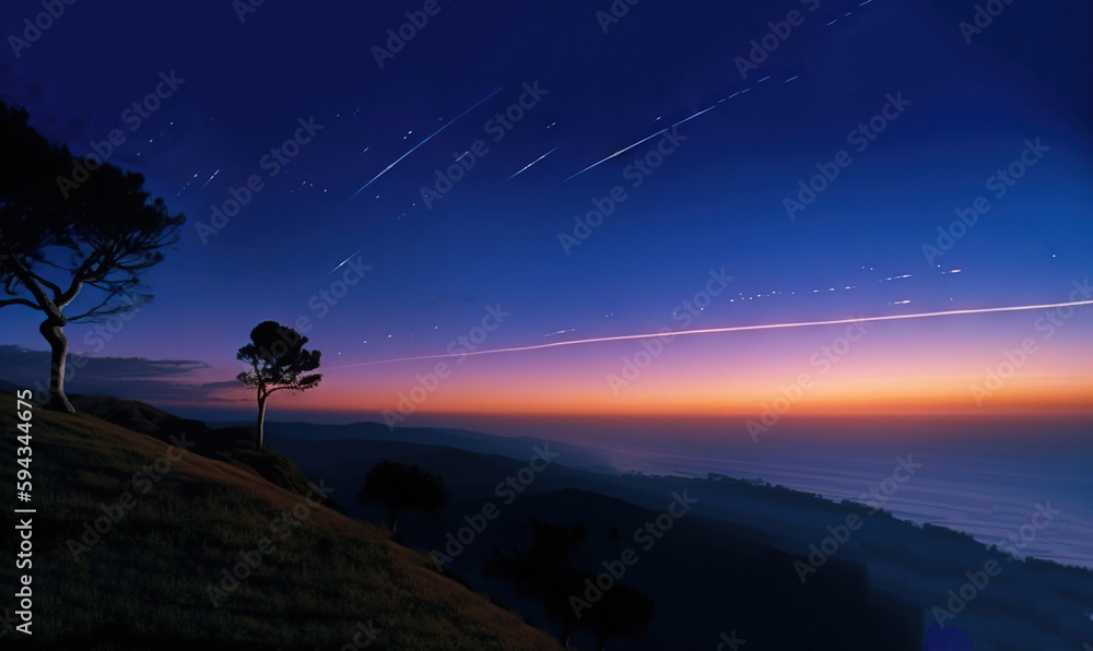  a tree on a hill at night with a star trail in the sky over the ocean and mountains in the distance