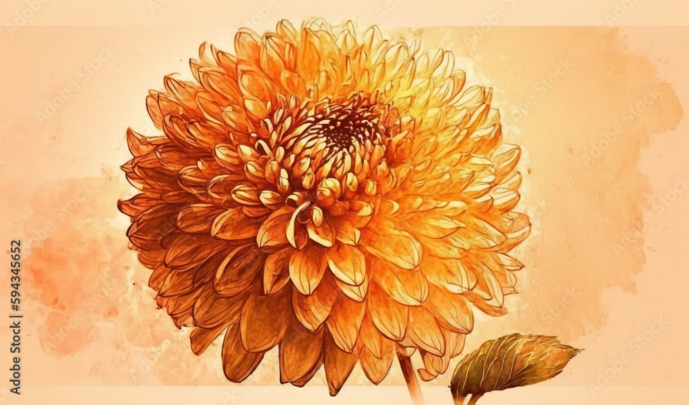  a painting of a large yellow flower with a leaf on the side of the flower stem and a yellow backgro