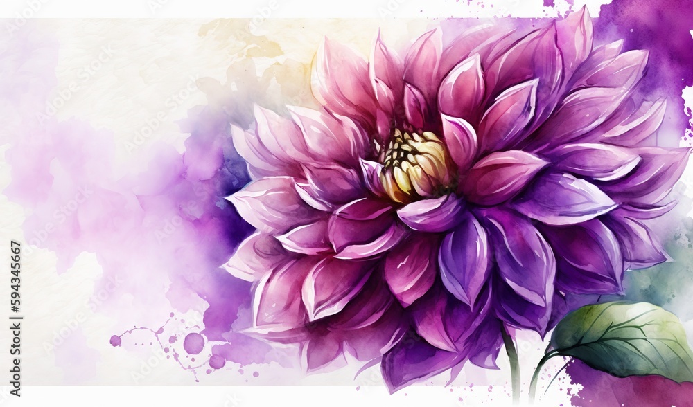  a painting of a purple flower on a white and purple background with a green leaf in the center of t
