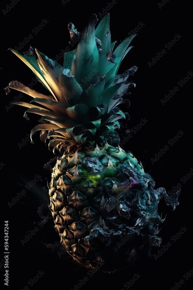  a pineapple is shown in the dark with a splash of paint on its side and the top of the pineapple i