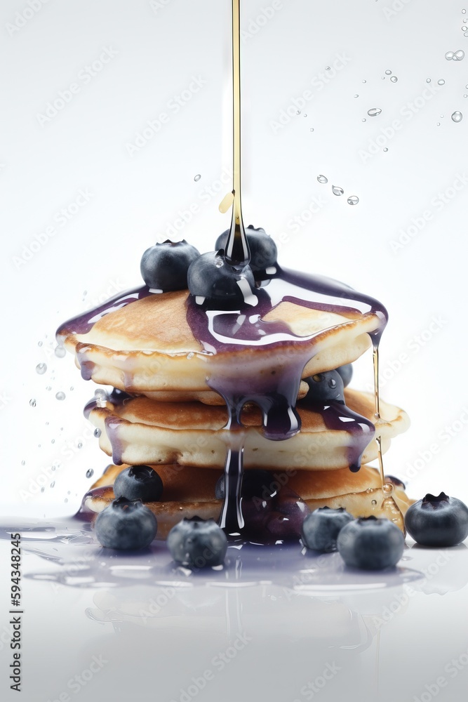  a stack of pancakes with blueberries and syrup being poured on top of them with a spoon in the midd