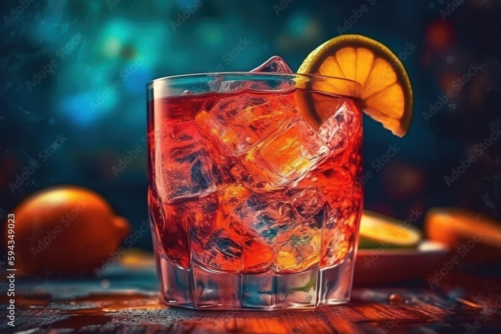  a close up of a drink with a slice of orange on the rim of the glass and a plate of oranges in the 