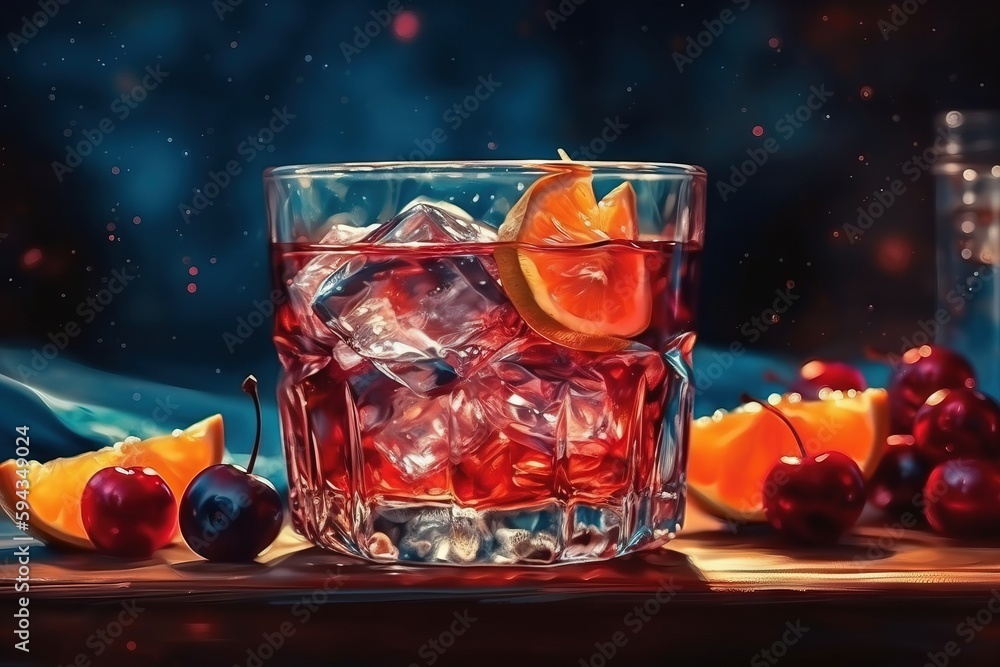  a painting of a glass of alcohol with fruit on the side and a bottle of alcohol in the background w