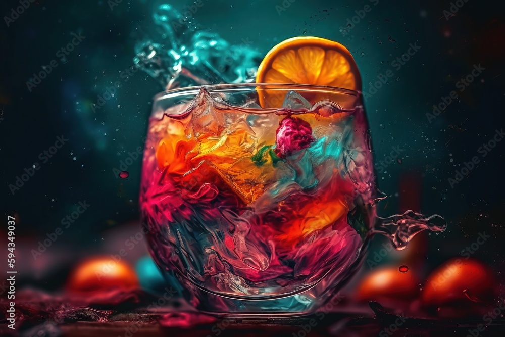  a glass filled with liquid and a slice of orange on top of it, with a splash of water on the rim of