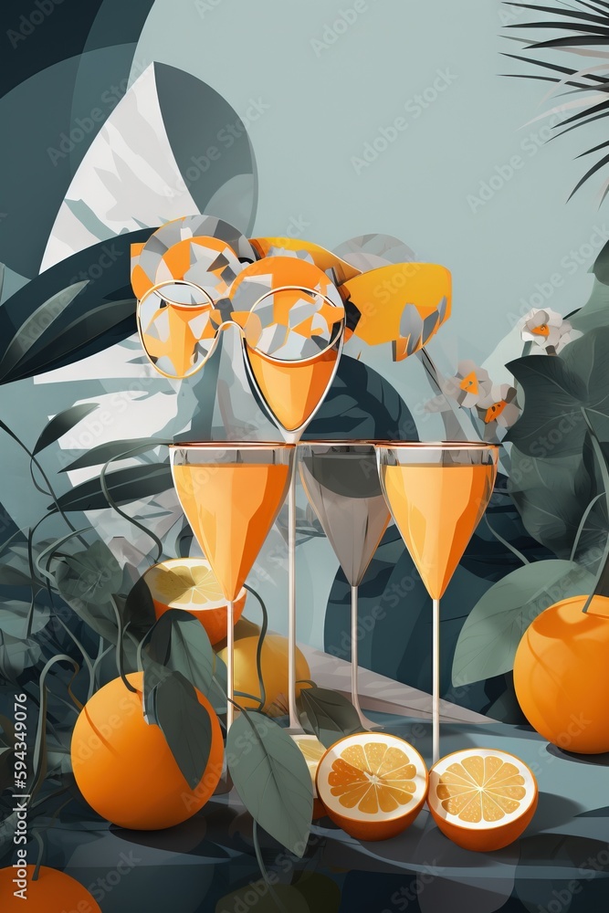  a painting of oranges and glasses on a table with leaves and plants in the background and a blue wa