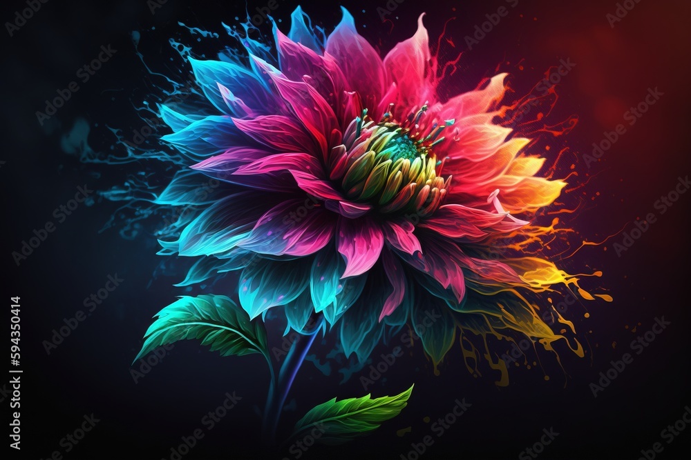  a colorful flower with green leaves on a black background with a splash of paint on its petals and