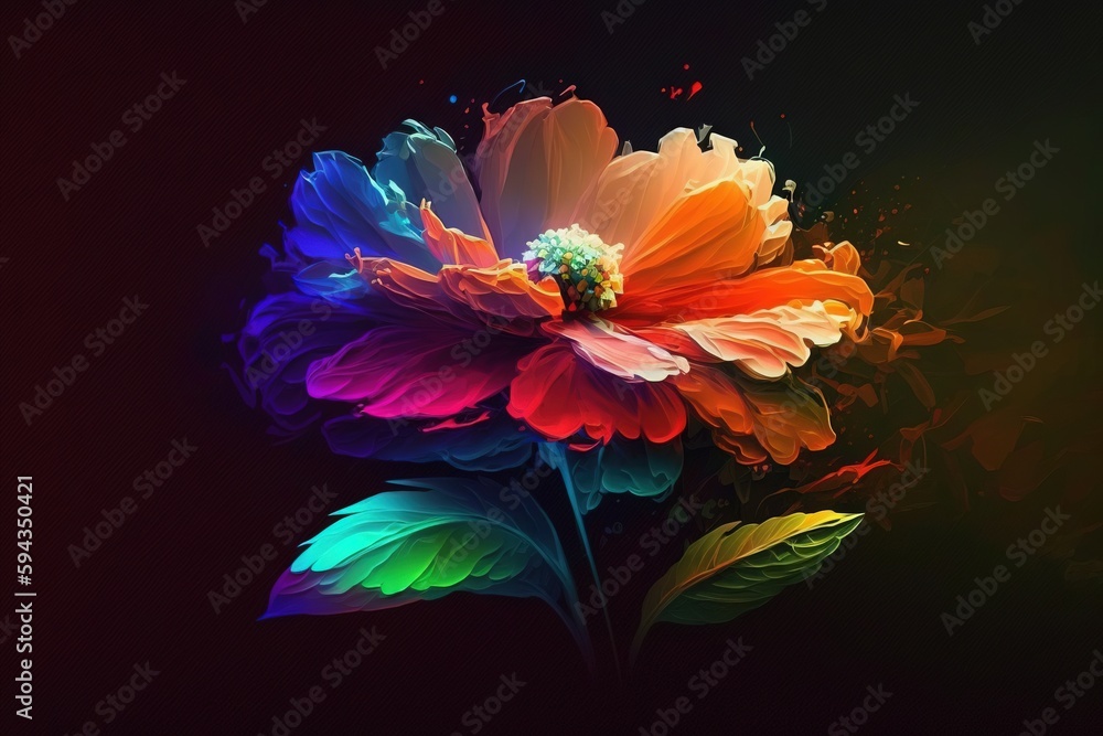  a colorful flower with a black background and a green stem in the center of the flower is a multico