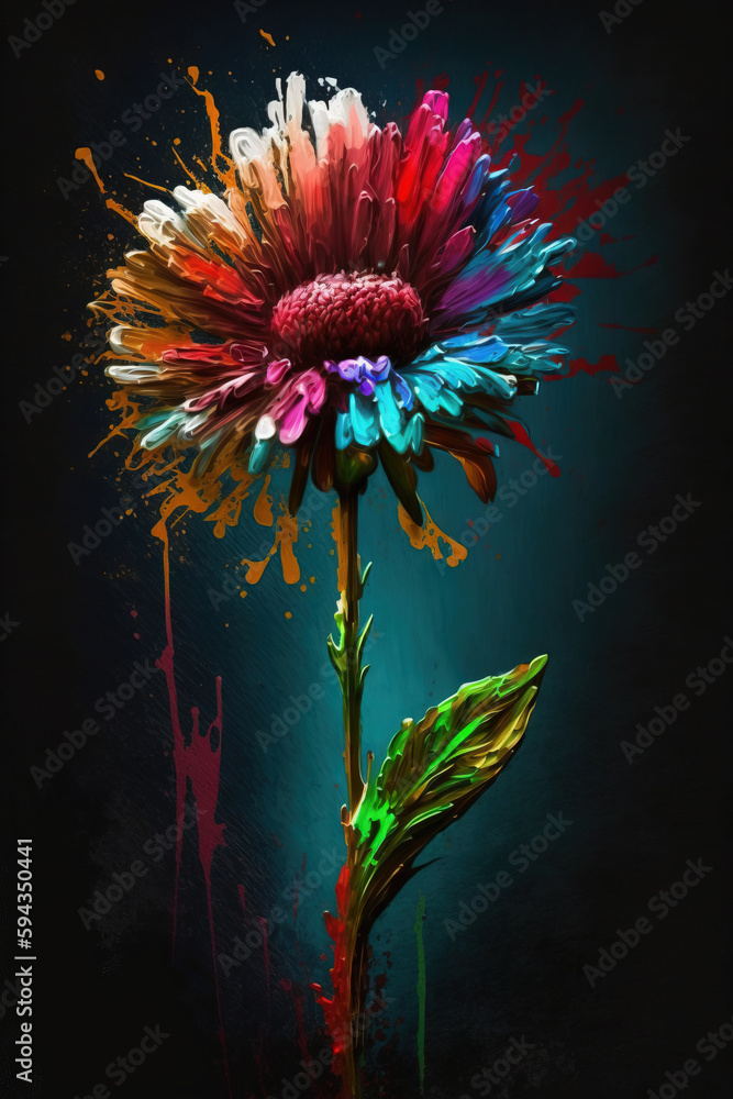  a colorful flower is in the middle of a black background with a splash of paint on its petals and 