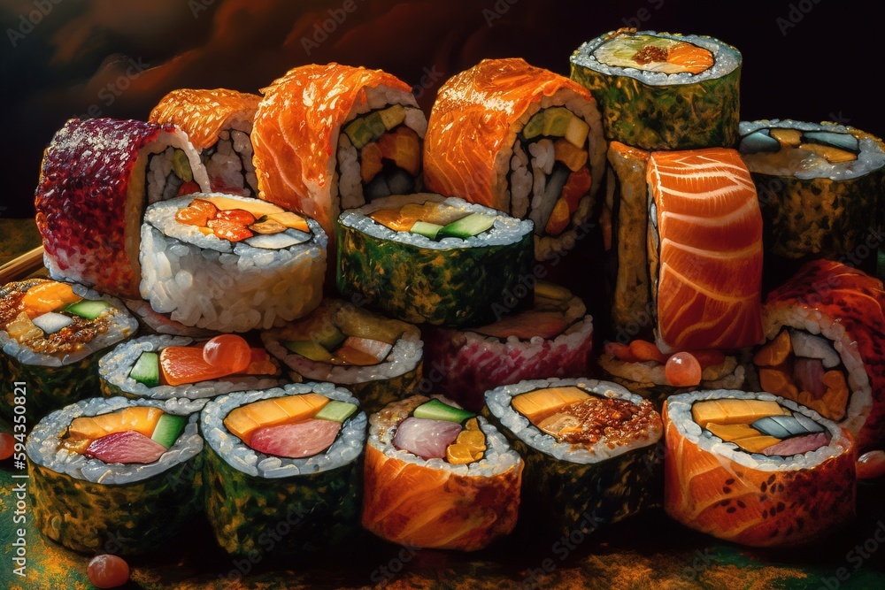  a pile of sushi rolls sitting on top of a table next to each other on top of a tablecloth covered i