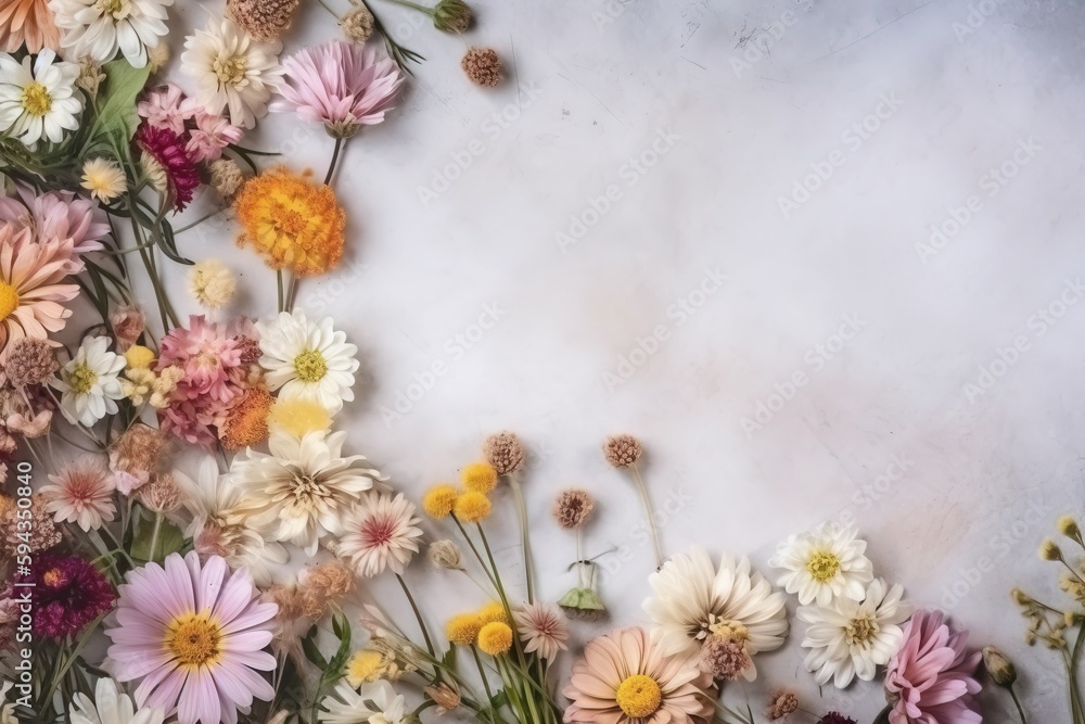  a bunch of flowers that are on a white surface with space for text or a picture to put on a card or