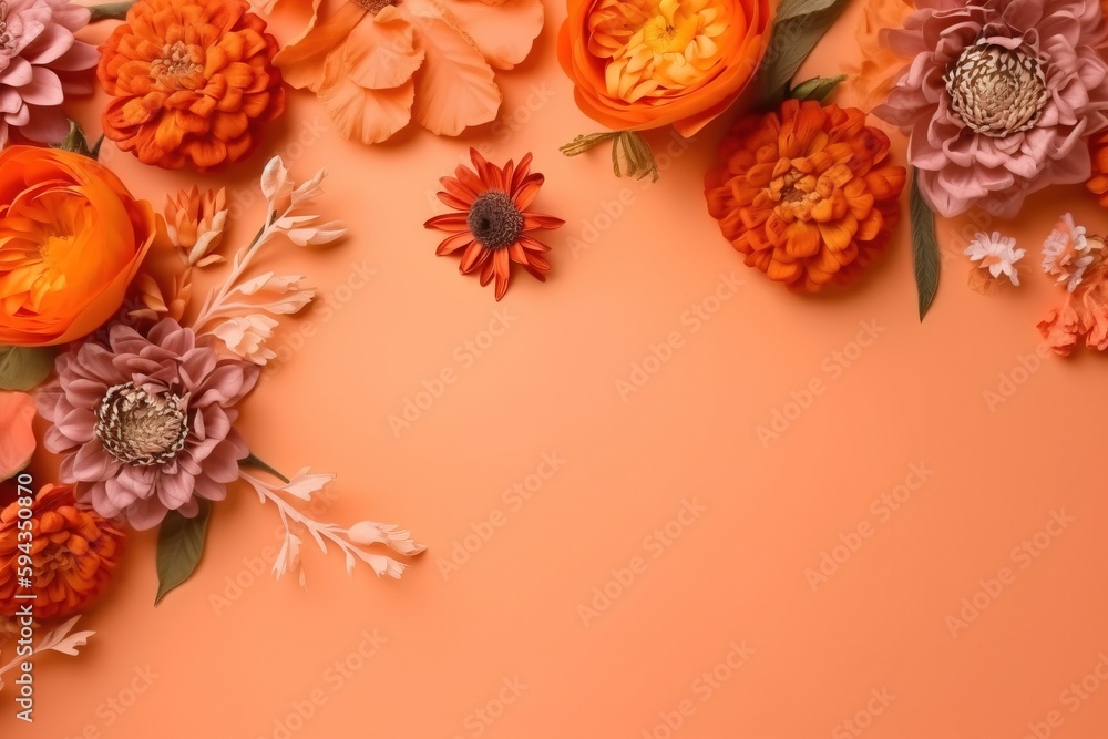  an overhead view of a bunch of flowers on an orange background with a place for a text or a picture