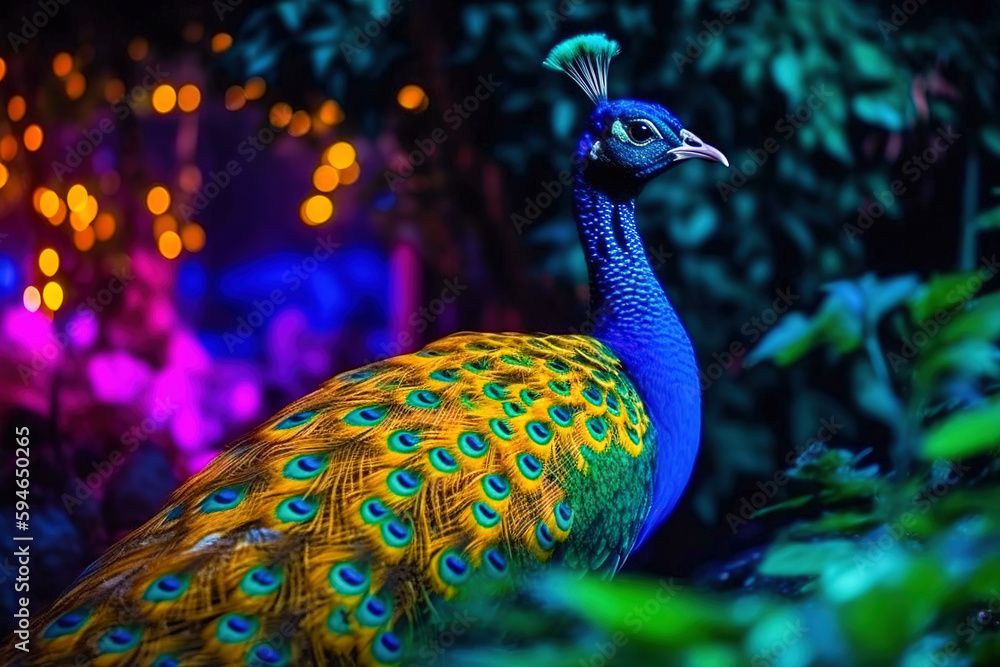 Close up of colorful beautiful peacock in jungle at night time with neon glow. Digital ai art