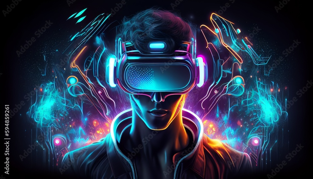 AI young man with VR headset playing Games and entertainment and digital technology metaverse of the
