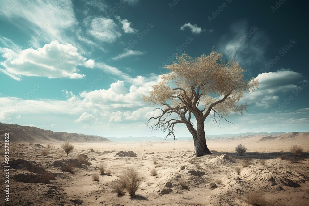 Digital illustration of solitary white tree amidst barren desert against a blue sky with clouds. Gen