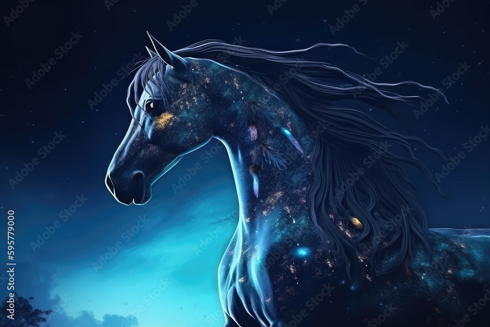 Wild horse in a fantastic and dreamlike setting. Generative AI