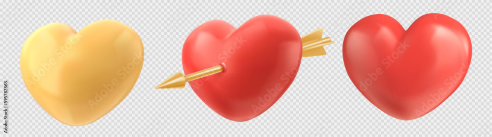 3d gold and red heart balloon icon with arrow vector isolated on transparent background. Shiny and g