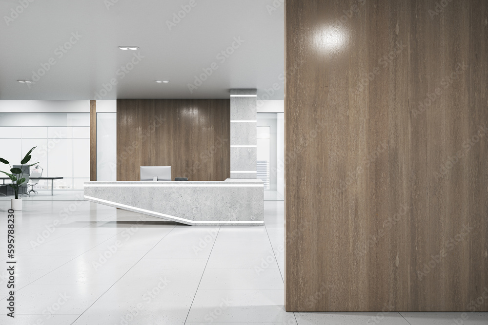 Modern concrete and wooden office interior with empty mock up place on wall, reception desk and wind