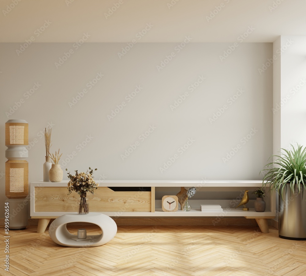 Shelf in modern empty room with decoration in living room and white wall.
