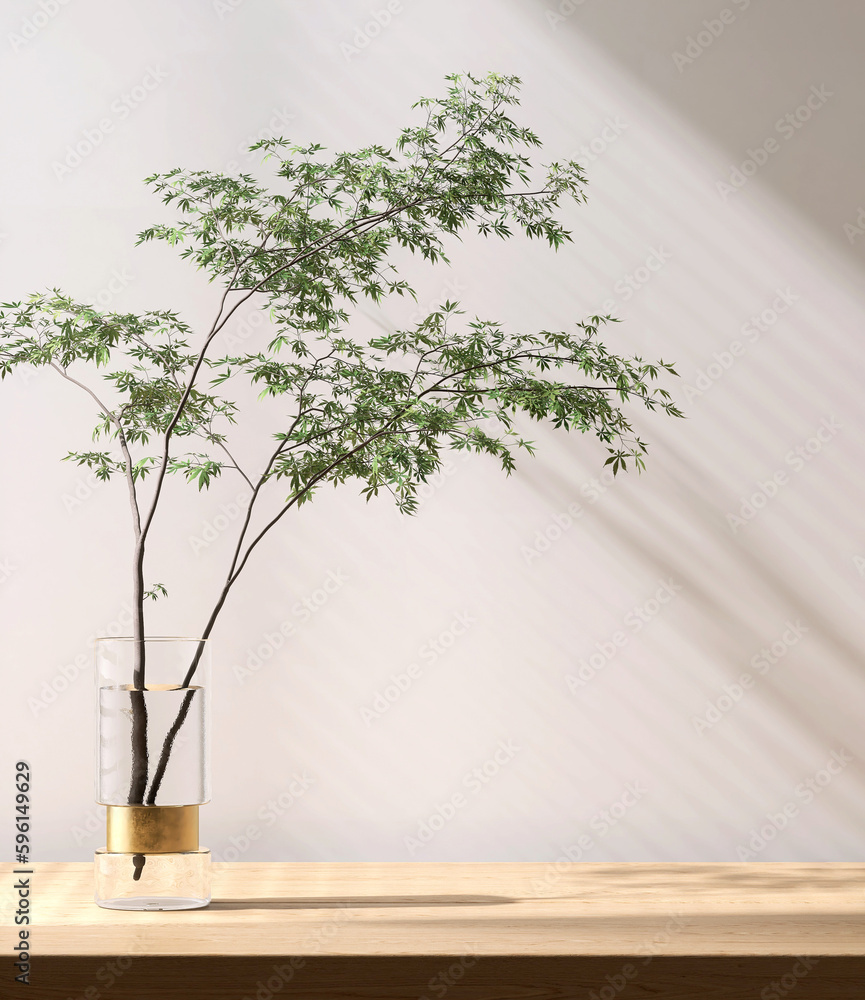 Wooden table woking desk with space, tropical green bamboo tree in glass vase in sunlight, leaf shad