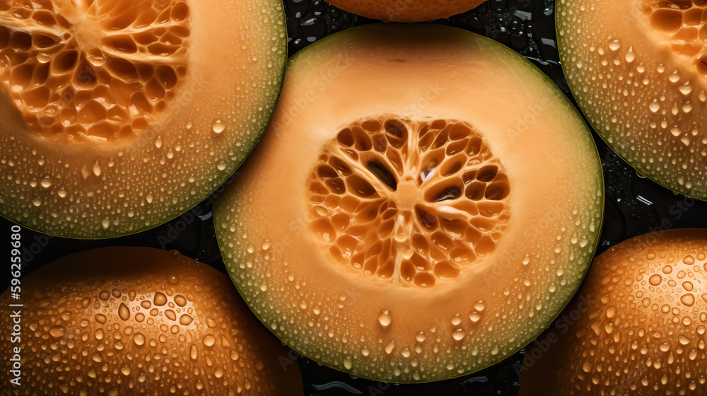 Fresh ripe cantaloupes with water drops background. Fruits backdrop. Generative AI
