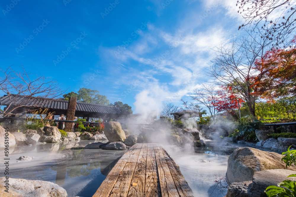 Beppu, Japan - Nov 25 2022: Oniishibozu Jigoku hot spring in Beppu, Oita. The town is famous for its
