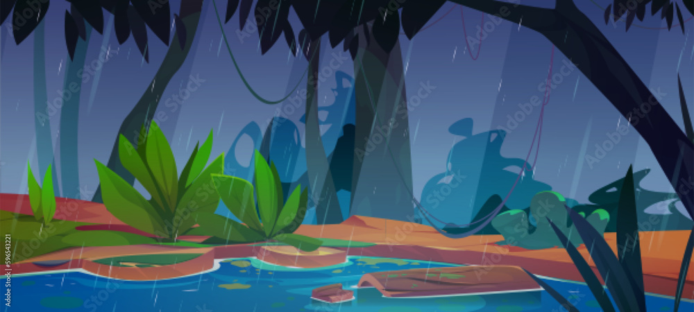Swamp in jungle forest cartoon vector game background. Tropical scene with green water lake environm