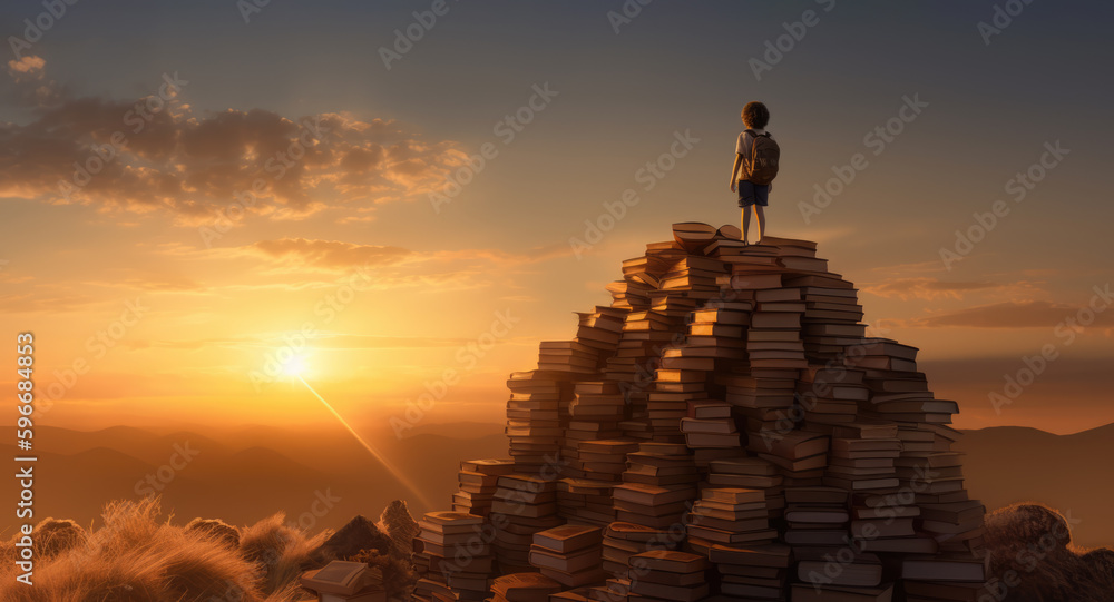 A child standing among many books against the background of sunset. Generative AI