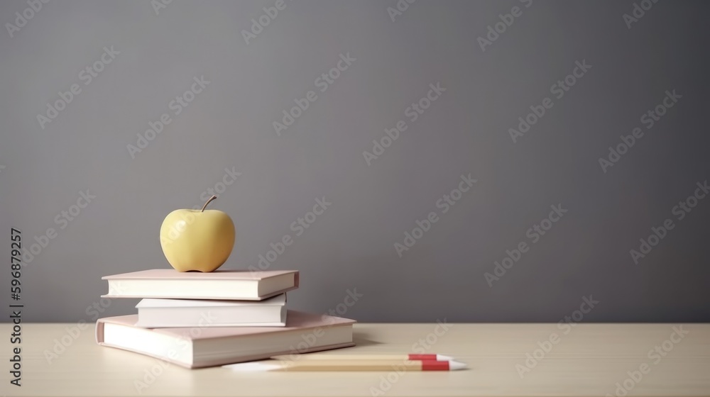 Back to school background with books and apple. Illustration AI Generative