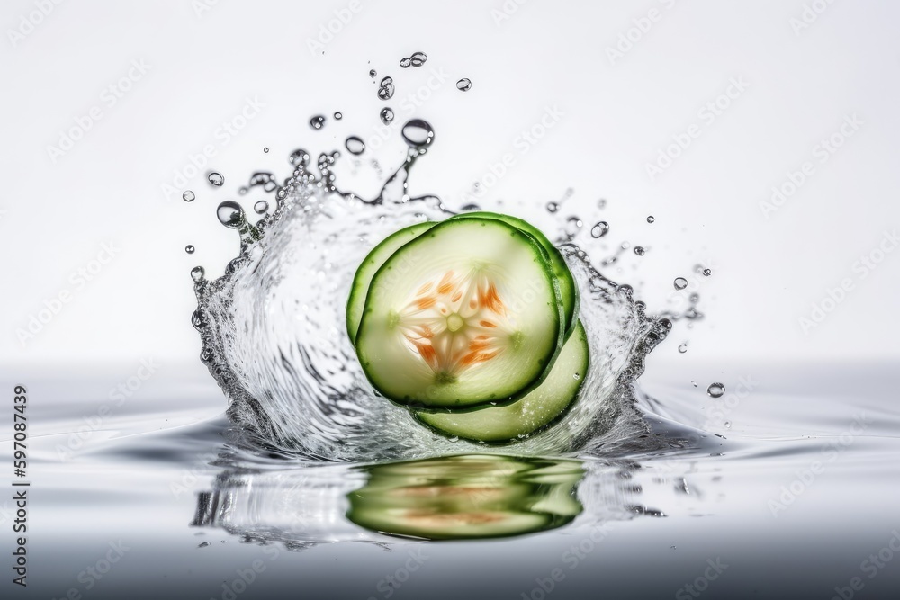 fresh green cucumber plunging into clear water on a white backdrop. Generative AI