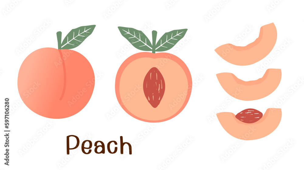 Peach fruit with green leaves on white background vector illustration.