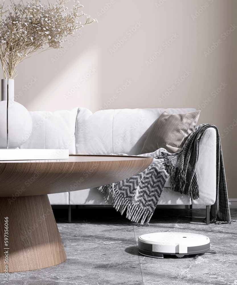 White modern vacuum cleaner robot working, vacuuming, cleaning granite floor living room, gray sofa,